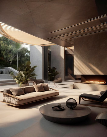 Interior of modern living room with fireplace and palm tree. 3d renderの素材