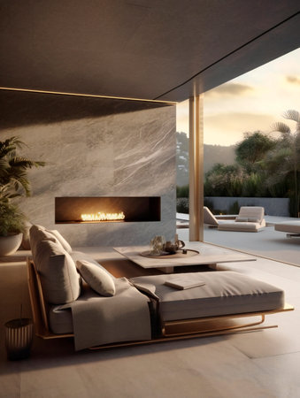 Luxury living room interior with fireplace and plants. Nobody insideの素材