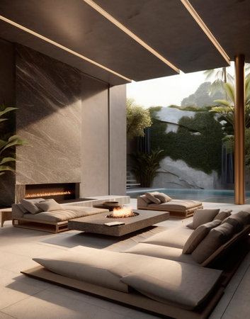 Modern living room interior with a view of the garden. 3d renderingの素材