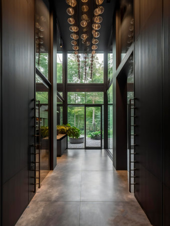 Interior of modern house, corridor with wooden doors and glass doorの素材