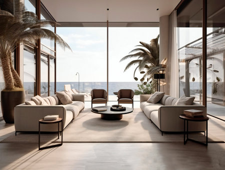 Luxury living room interior with panoramic window overlooking the sea. 3D Renderingの素材