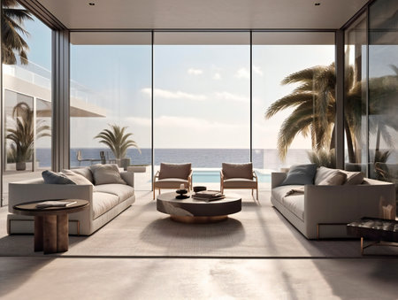 Interior of modern living room with sea view. 3d renderingの素材