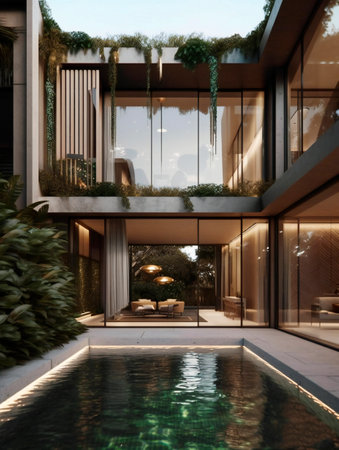 3d rendering of a modern luxury villa with pool and gardenの素材