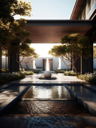 Exterior of a modern villa with swimming pool. Nobody insideの素材