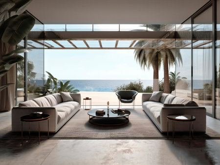 interior of modern living room with sea view, 3d renderの素材