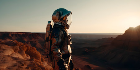 Astronaut in the desert at sunset. 3d rendering.の素材