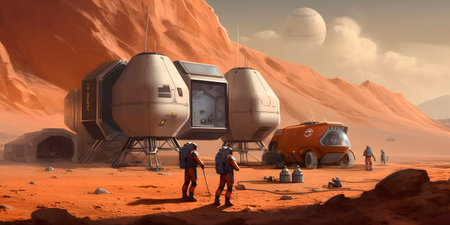 3D rendering of a space station in the Sahara desert with peopleの素材