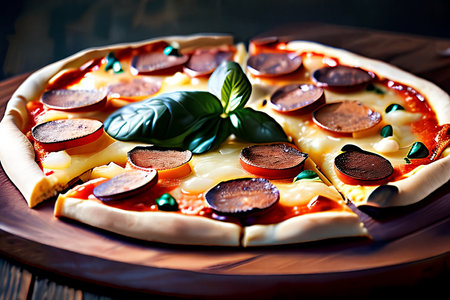 pizza with mozzarella, tomato and basil on wooden tableの素材