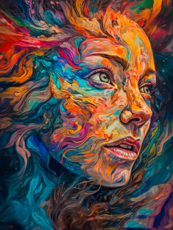 Portrait of a beautiful woman with painted face. Psychedelic painting.の素材