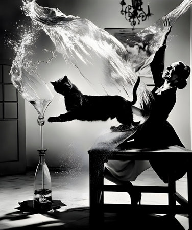 Black and white photo of a woman playing with a cat in the roomの素材