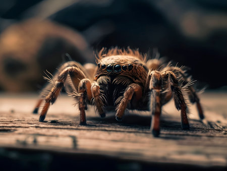 close up of tarantula spider on wooden background, nature backgroundの素材