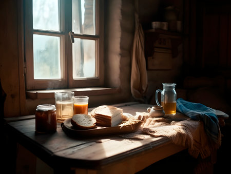 Breakfast on the window sill in the country house. Breakfast in bed.の素材
