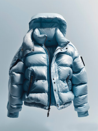Blue down jacket isolated on white background. Clipping path included.の素材