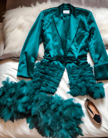Turquoise jacket with fur and high heeled shoes on the bedの素材