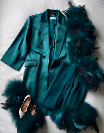 Stylish woman's clothes on the bed. Fashionable concept.の素材