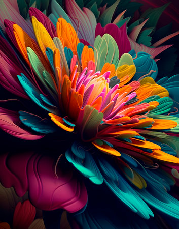 Colorful flower petals on black background. Computer generated graphics.の素材
