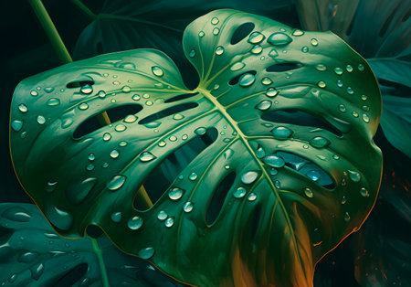 Tropical monstera leaf with dew drops close-upの素材