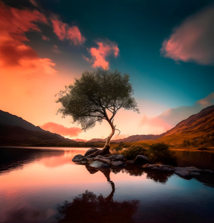 Lonely tree on the shore of lake at sunset in Scotlandの素材