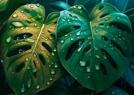 Green leaves of monstera philodendron with dew drops.の素材