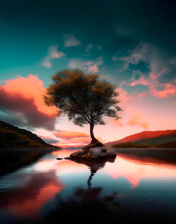 Lonely tree on the lake at sunset, Scotland, UKの素材