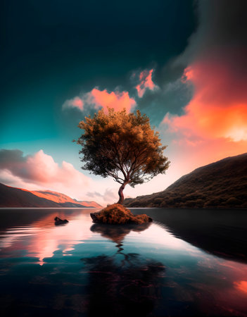 Lonely tree on a small island in the lake at sunsetの素材