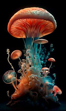3d illustration of a psychedelic mushrooms on a black background with a black backgroundの素材