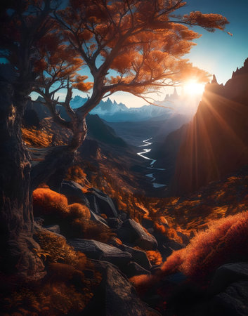 Fantasy alien planet. Mountain and lake. 3D illustration.の素材