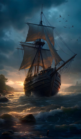 Sailing ship in the sea at sunset, 3d render.の素材