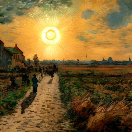 Painting of a path leading to the sun in the countryside.の素材
