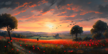 Beautiful red poppies field at sunset. 3D renderingの素材
