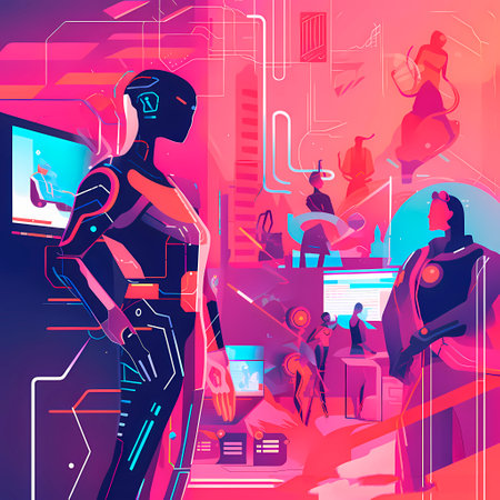 Cyborgs in the cyberspace. Modern cyberpunk style. Vector illustrationの素材