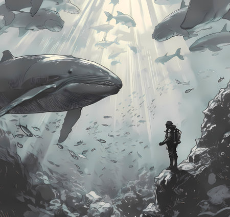 Illustration of a diver looking at a whale in the ocean.の素材