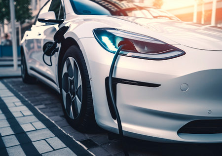 Charging an electric car in the city. Renewable eco technologies.の素材