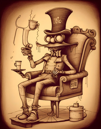 Surreal drawing of a man sitting in a chair with a glass eye and a top hat with a luxurious mustache on a yellow background. AI generated, AI generative, AI generativ.の素材
