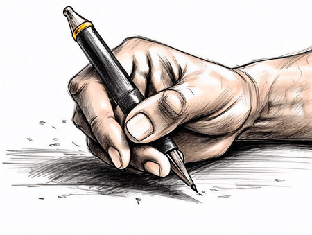 A hand holding a pen and writing something. AI generated, AI generative, AI generativ.の素材