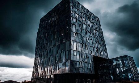 A very tall building with lots of windows and brutal shapes stormy sky. AI generated, AI generative, AI generativ.の素材