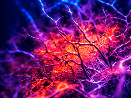 Close-up of neurons and synopses of the brain in purple light in the background, microscopic photo. AI generated, AI generative, AI generativ.の素材