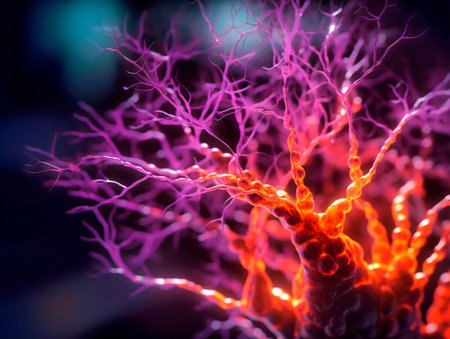 Close-up of neurons and synopses of the brain in purple light in the background, microscopic photo. AI generated, AI generative, AI generativ.の素材