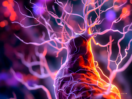 Close-up of neurons and synopses of the brain in purple light in the background, microscopic photo. AI generated, AI generative, AI generativ.の素材