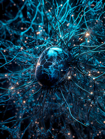 close-up of a black cancer cell with metastases with neurons and synapses. AI generated, AI generative, AI generativ.の素材