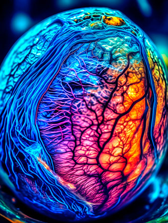 A close up of a colorful microscopic photo glowing blue veins human in brain. AI generated, AI generative, AI generativ.の素材