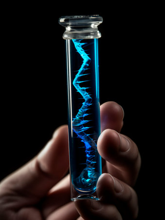 hand holds a test tube with blue liquid and DNA and RNA structure. AI generated, AI generative, AI generativ.の素材