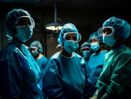 A group of doctors standing next to each other in an operating room in blue medical gowns and masks in artificial warm lighting. AI generated, AI generative, AI generativ.の素材