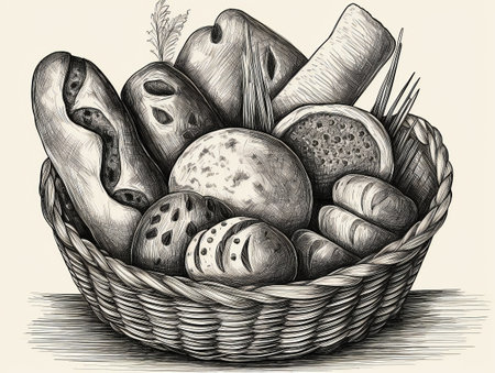 A basket filled with different types of bread, a charcoal drawing. AI generated, AI generative, AI generativ.の素材
