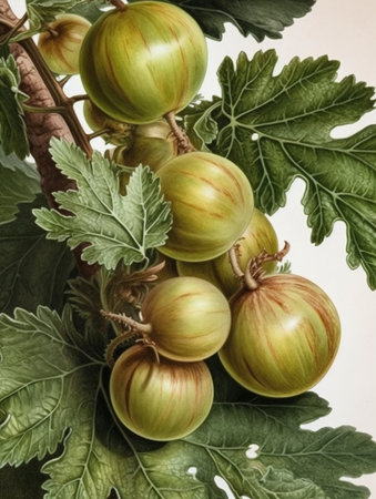 Close-up of a gooseberry plant with fruits on it illustration in watercolor style. AI generated, AI generative, AI generativ.の素材