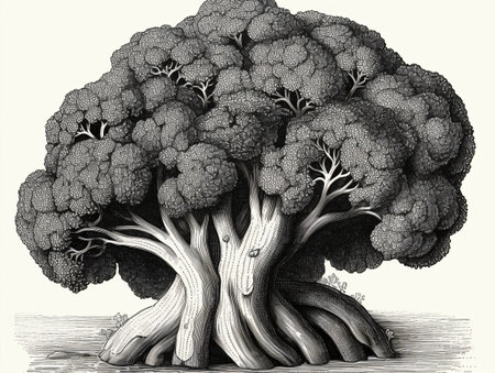 Drawing with a simple pencil of a piece of broccoli in the form of a tree. AI generated, AI generative, AI generativ.の素材