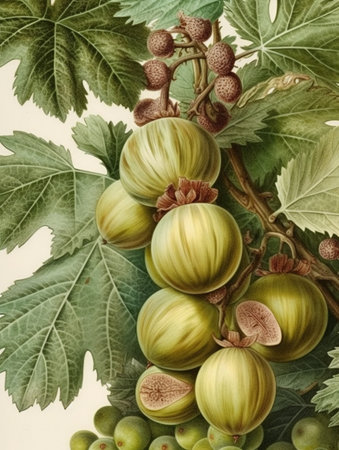 Close-up of a gooseberry plant with fruits on it illustration in watercolor style. AI generated, AI generative, AI generativ.の素材