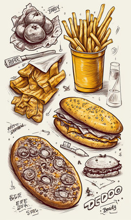 Drawing of various types of fast food. pencil drawing. AI generated, AI generative, AI generativ.の素材