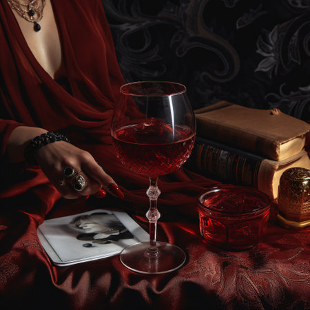 A woman is seated at a table with a glass of wine in a black and red color palette. AI generated, AI generative, AI generativ.の素材