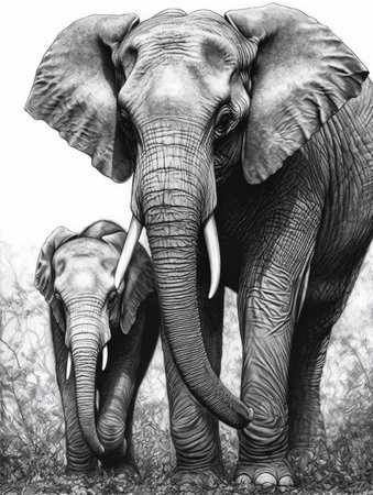 A small baby elephant standing next to an adult elephant mother. AI generated, AI generative, AI generativ.の素材